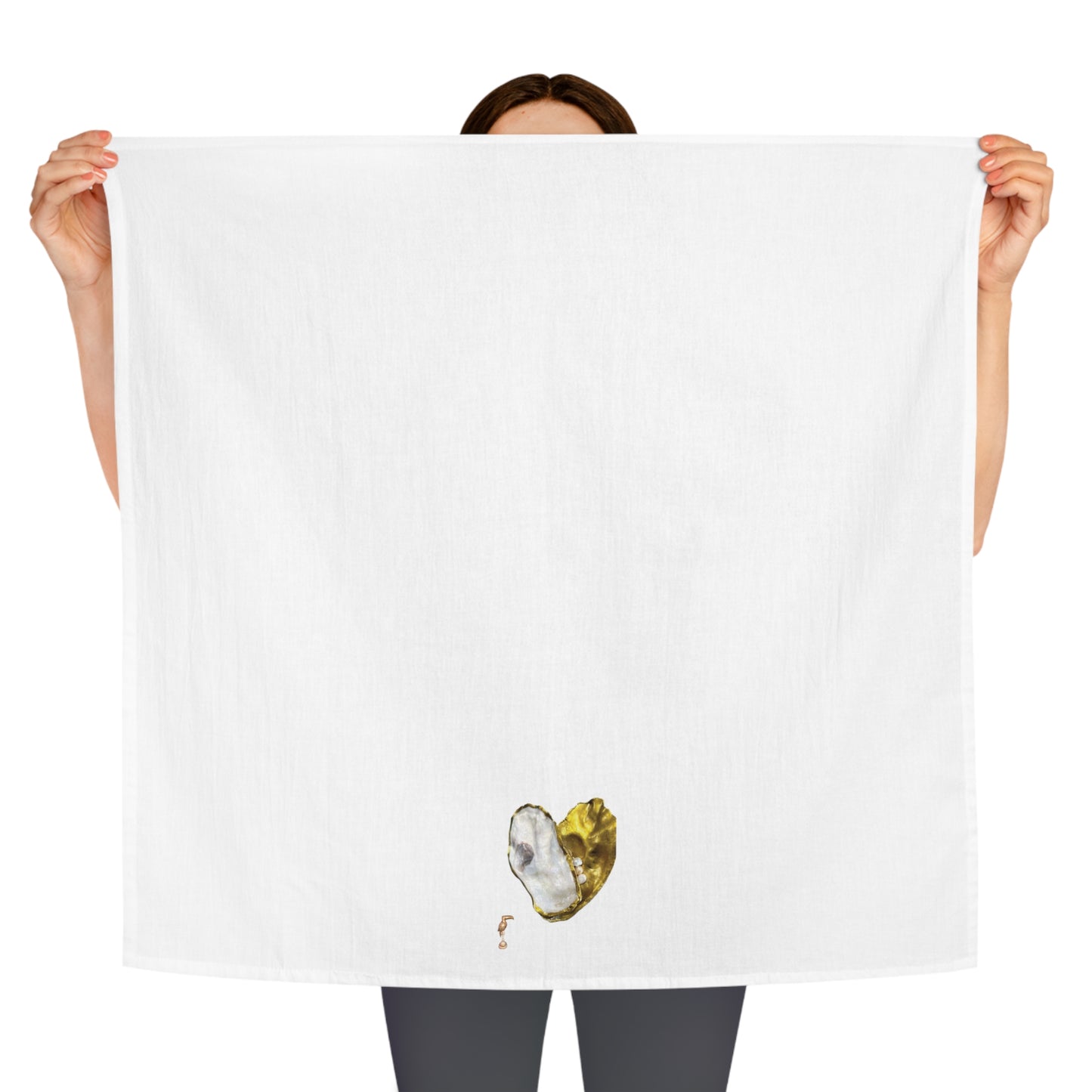 Square Napkin / Tea Towel with Large Oyster Shell Heart White and Gold Toucan Pattern Designed for a Year around Specialized Decor and Your Unique Host/Hostess Touch