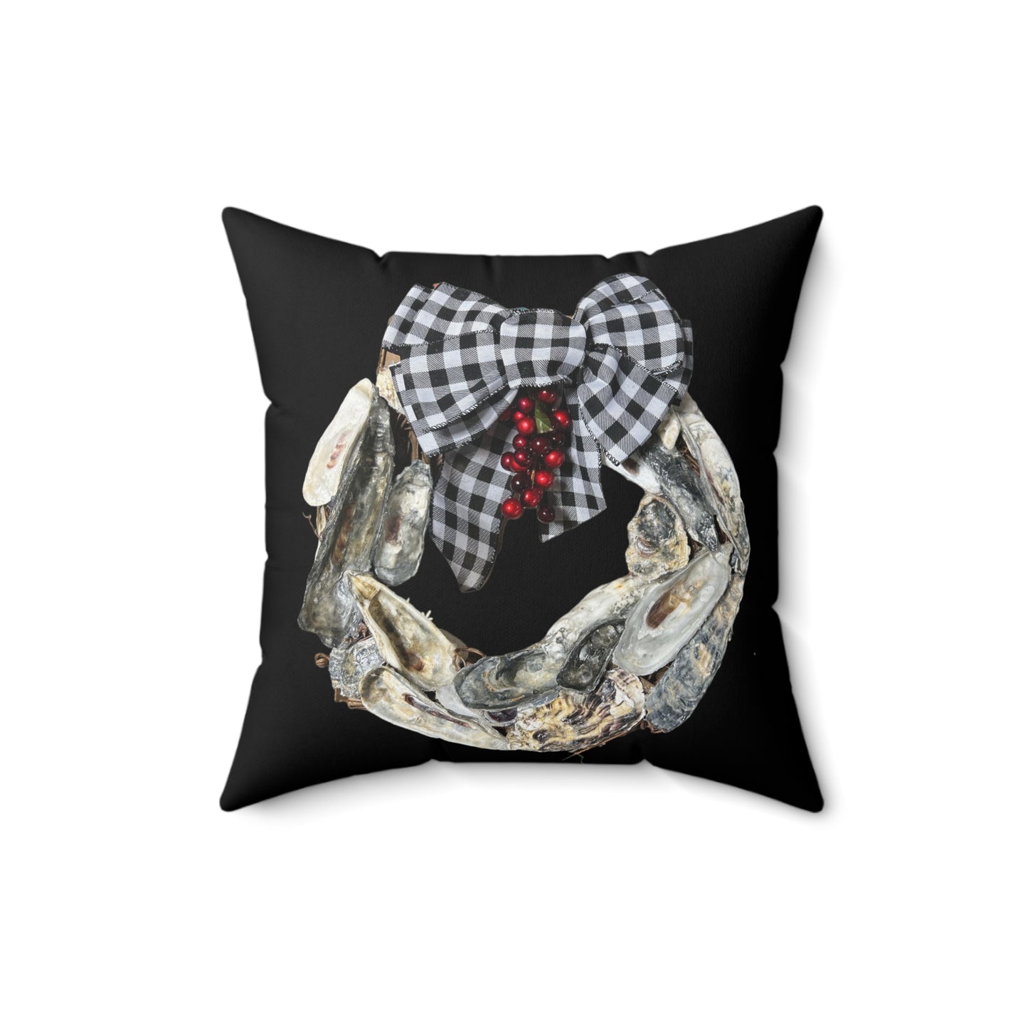 One sided print pillow, Oyster Shell Art Christmas Wreath/Black, indoor pillow, holiday pillow, black and white check bow pillow, coastal