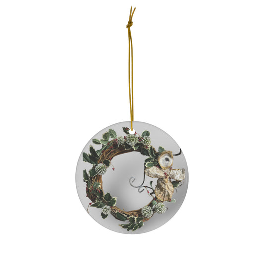 Ceramic Ornament Holly Wreath with Oyster Shell Art Angelic Cross, Collectible