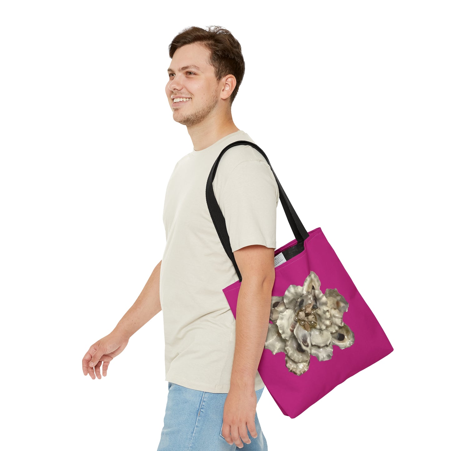 Tote Bag with Fantasy Floral Art Print replicated from a Handcrafted Piece made with Select Oyster Shells and Pearls