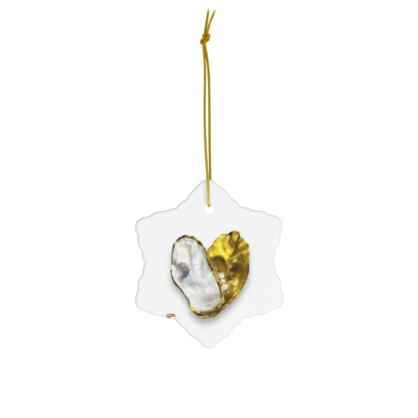 Oyster Shells and Pearls gold/white heart Ceramic Ornament, 4 Shapes