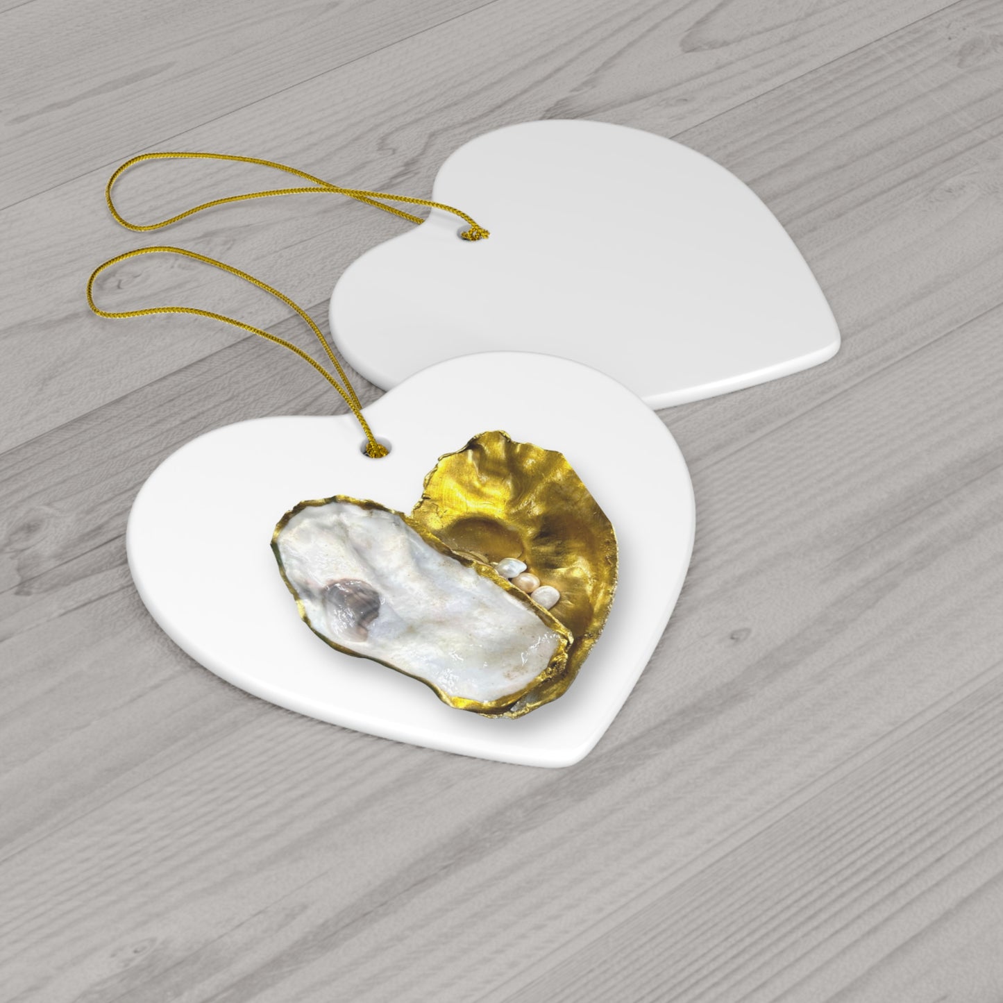 Oyster Shells and Pearls gold/white heart Ceramic Ornament, 4 Shapes