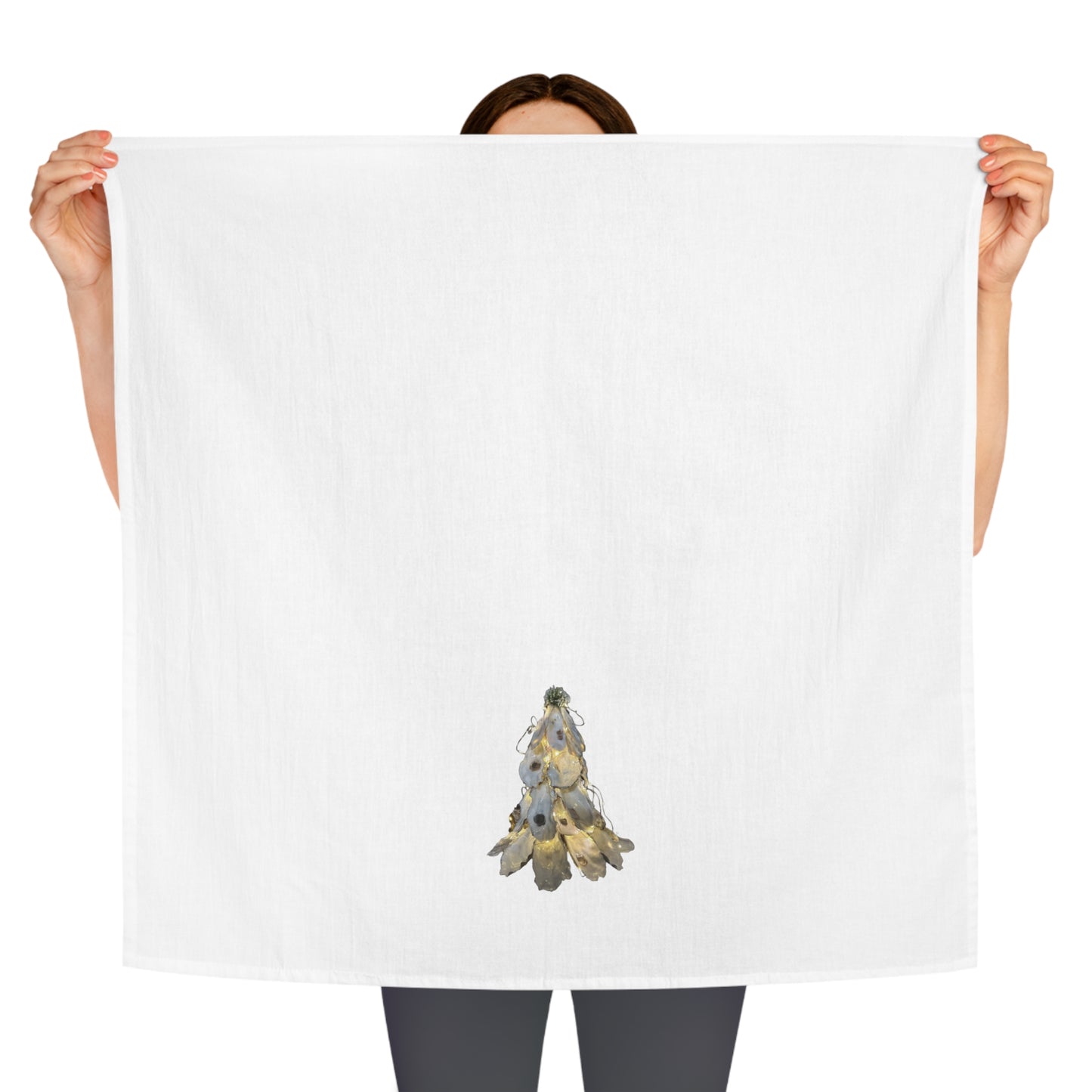 Square Napkin / Tea Towel with Lit Oyster Shell Christmas Tree from our Coastal Minimal Pattern Designs for a Year around Specialized Decor and Your Unique Host/Hostess Touch