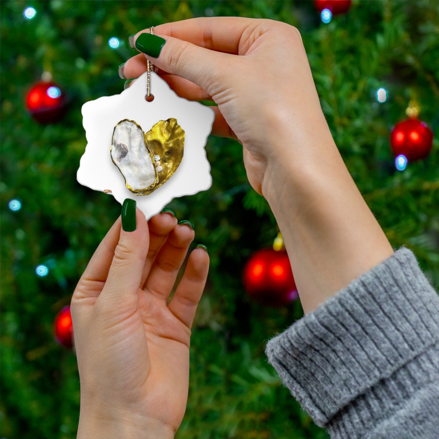 Oyster Shells and Pearls gold/white heart Ceramic Ornament, 4 Shapes