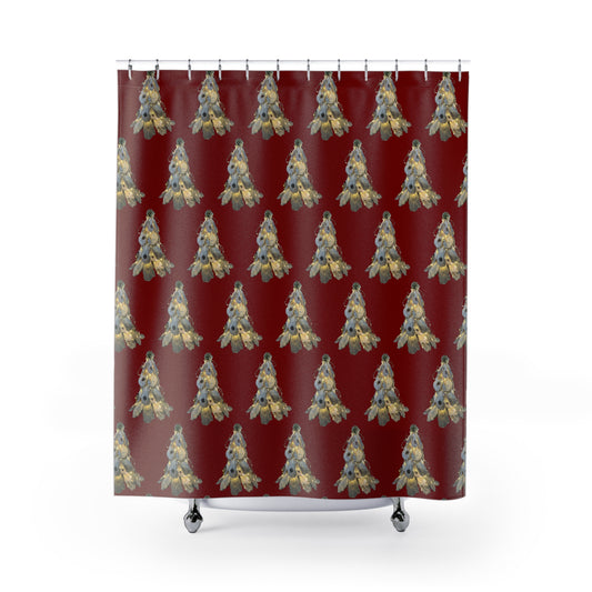 Shower Curtain Oyster Shell Art Christmas Trees Deep Red, winter theme, rich colors