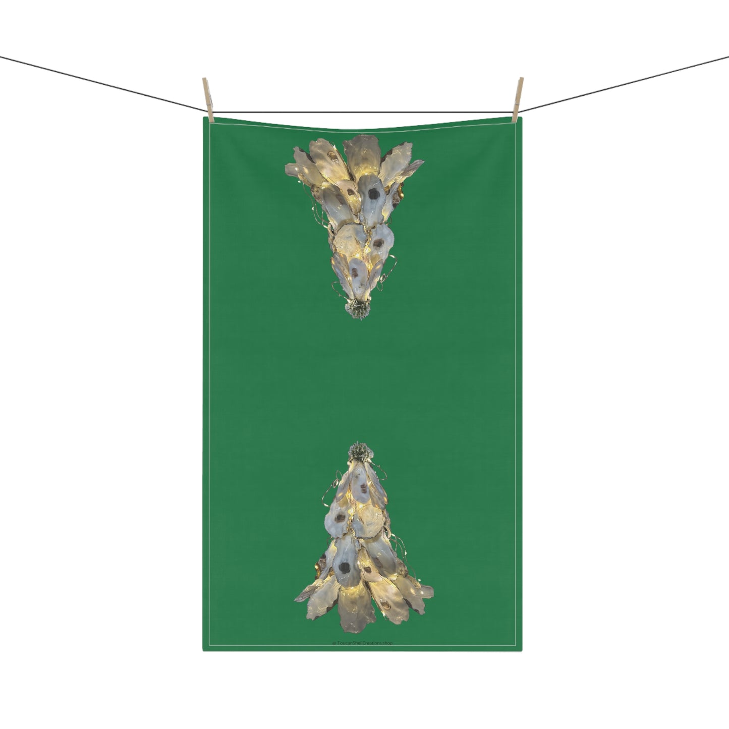 Tea Towel with LIT OYSTER SHELL CHRISTMAS TREE green background Choose Cotton or Polyester