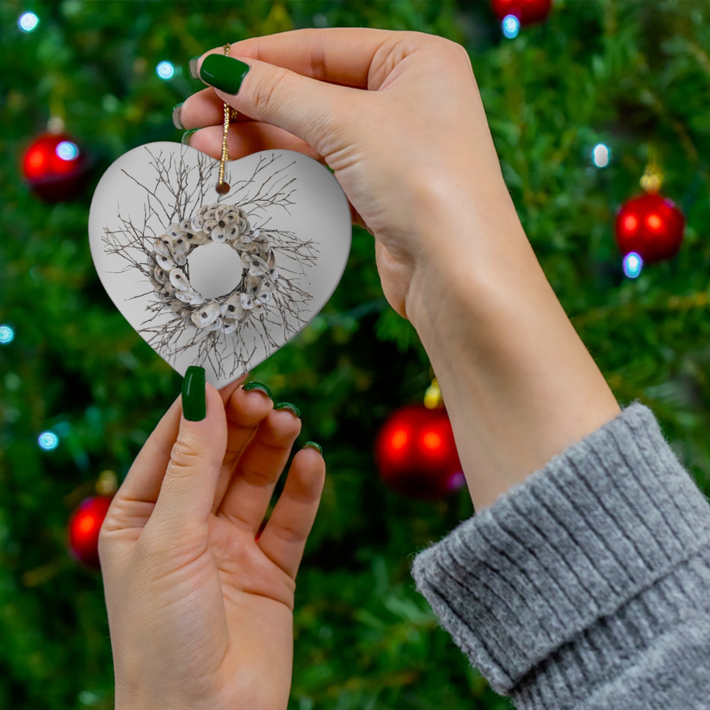 Oyster Shell Wreath Ceramic Ornament, 4 Shapes star circle, heart, snowflake, collectible! See more coastal and oyster shell art designs