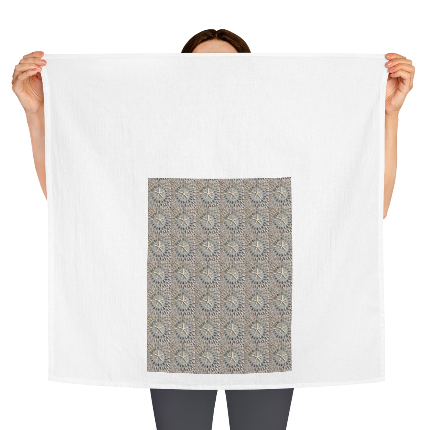 Square Napkin / Tea Towel with Rows of our Starfish and Olive Shell Coastal Pattern Design for a Year around Specialized Decor and Your Unique Host/Hostess Touch