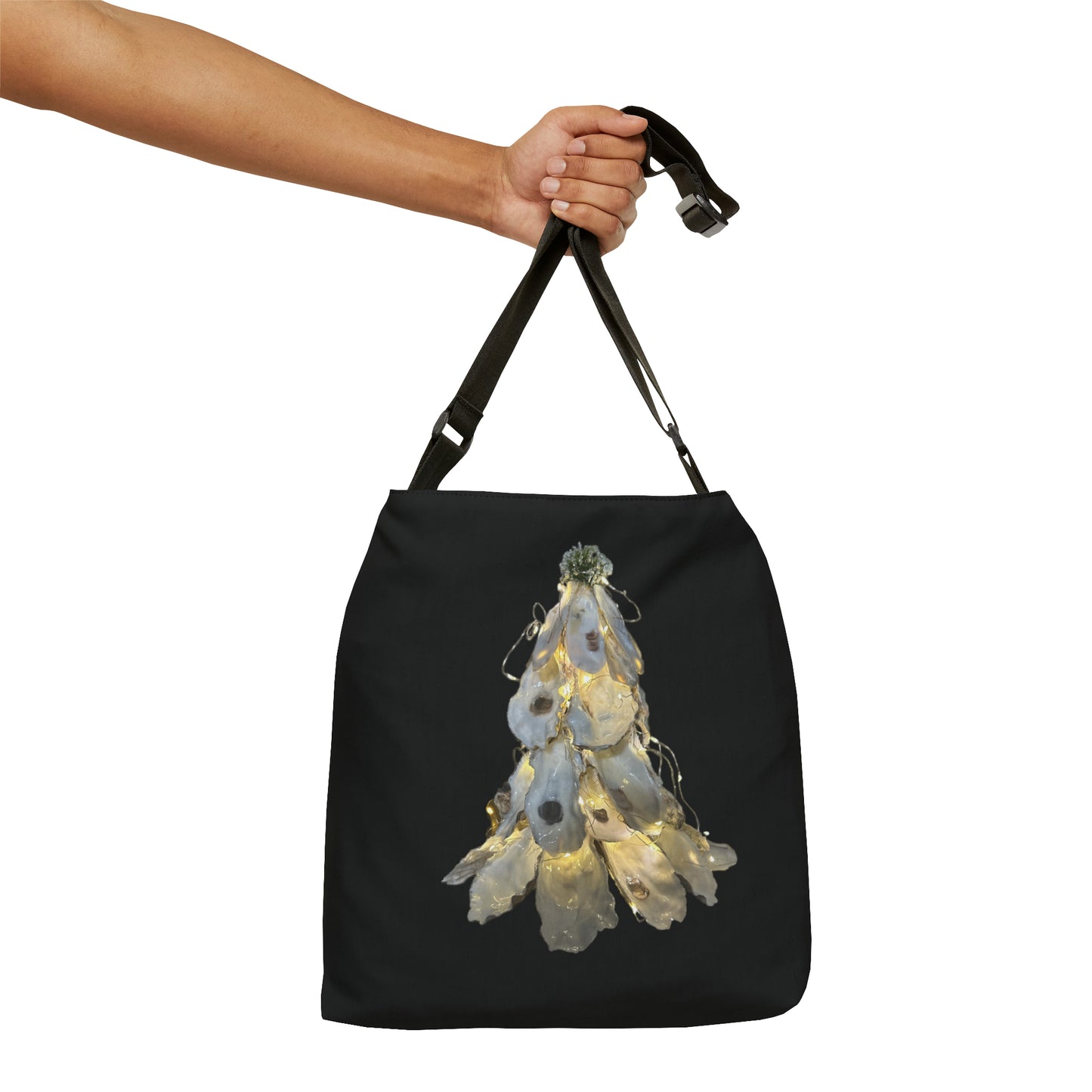 Adjustable Tote Black Tote Bag: Artisan Oyster Shell Lit Christmas Tree: Handmade Coastal Artistry for You