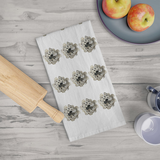 Square Napkin / Tea Towel with Lg Oyster Shell Floral Design 4 rows of Black and White for a Year around Specialized Coastal Decor and Your Unique Host/Hostess Touch