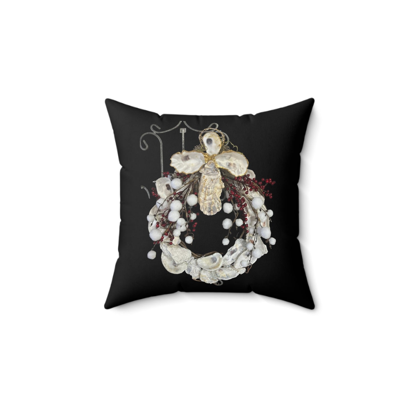 Art Print Pillow: Oyster Shell Wreath and Handcrafted Angel Cross