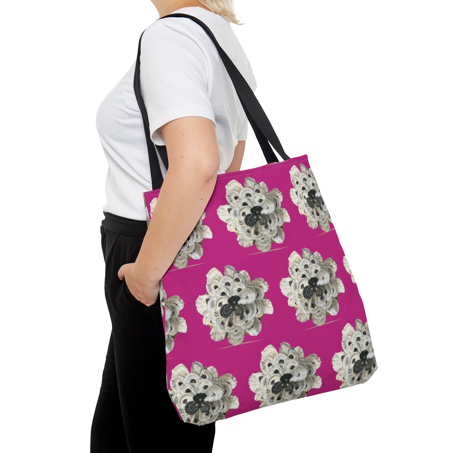 Tote Bag in 3 sizes! Girl groups, Wedding parties, Church groups, Club gifts, Shopping, Beach - black/white xl stacked oyster shell floral