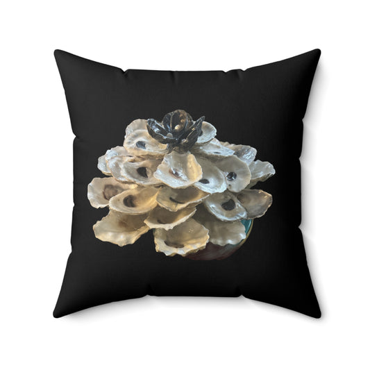 Winter Holiday Square black pillows featuring two printed sides: Stacked Oyster Shell Blossom / Oyster Shell Christmas TreeDesigns