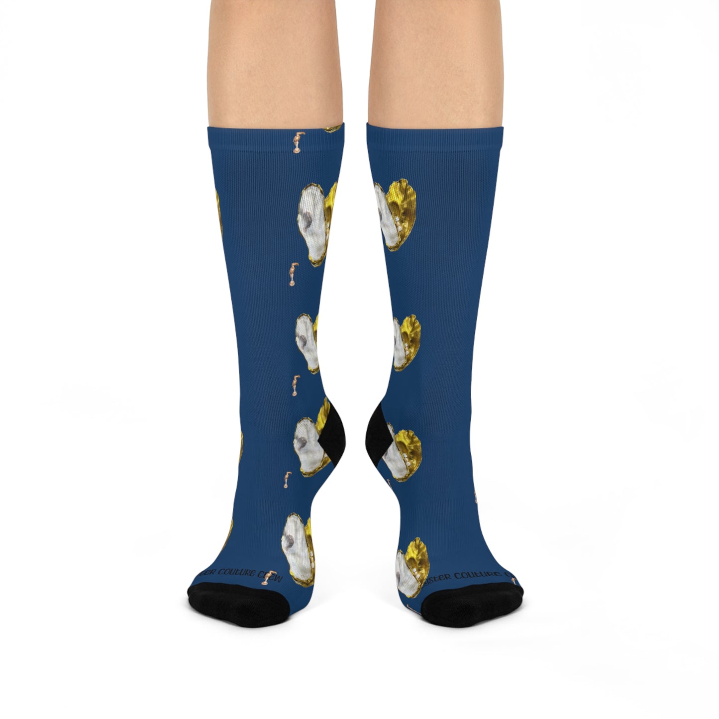 Half Big Hearted Gold deep dark blue socks, Mix and match collection, Extra Cushioned Crew fashioned by the sea with Novelty Seashell figures, ocean theme, sea life inspired, socks for women, socks for men, girly girls