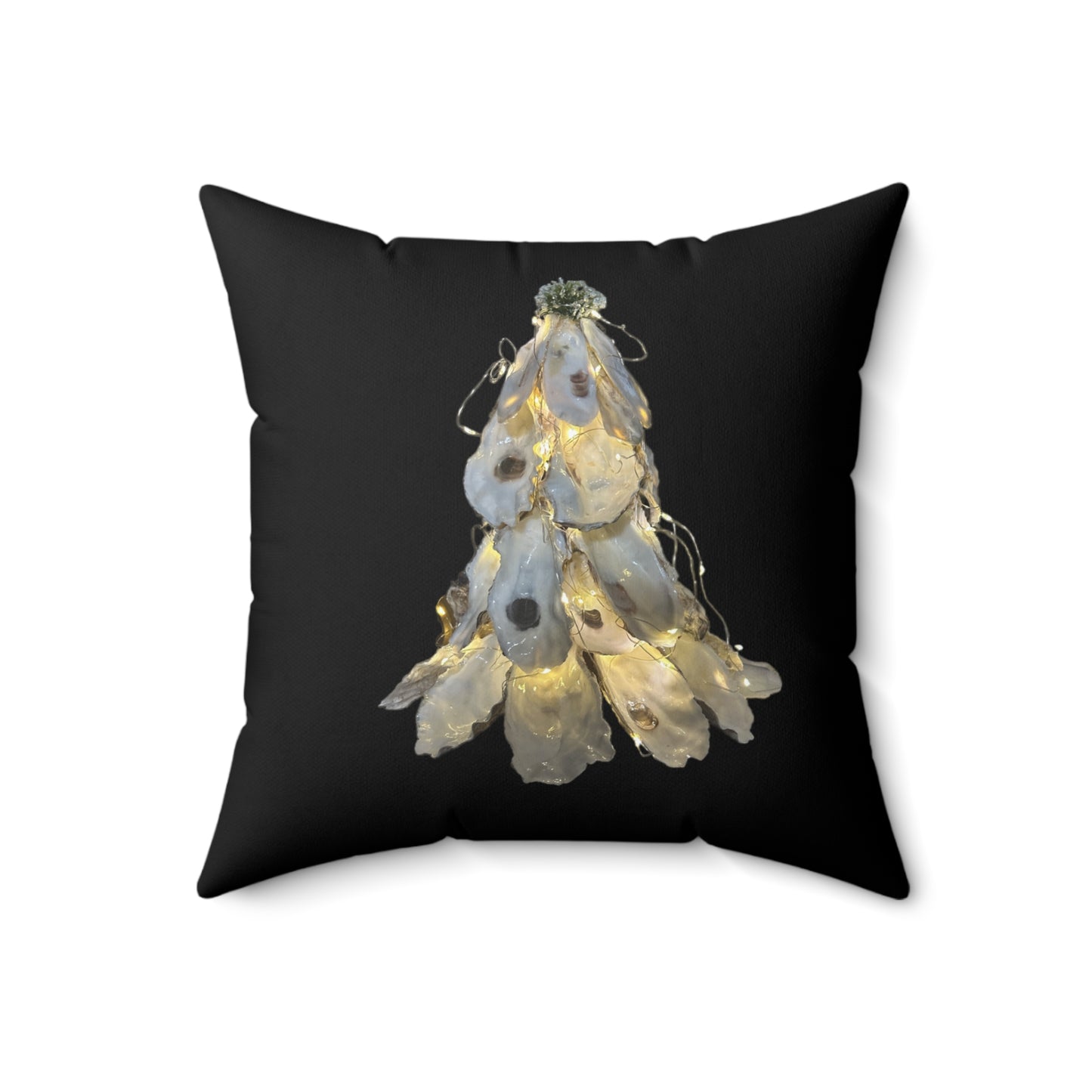 Winter Holiday Square black pillows featuring two printed sides: Stacked Oyster Shell Blossom / Oyster Shell Christmas TreeDesigns