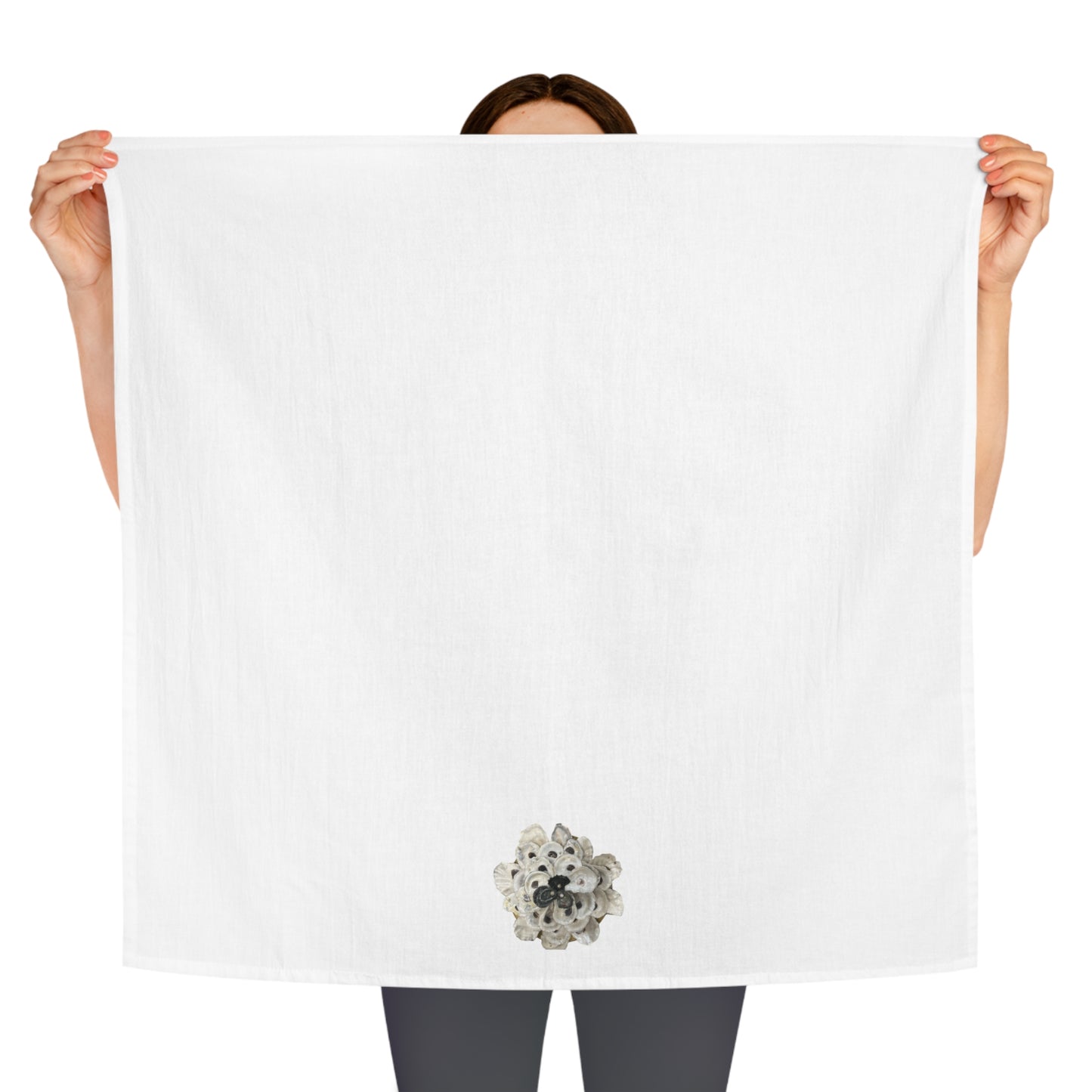 Square Napkin / Tea Towel with Lg Oyster Shell Floral in Black and White Design for a Year around Specialized Coastal Decor and Your Unique Host/Hostess Touch