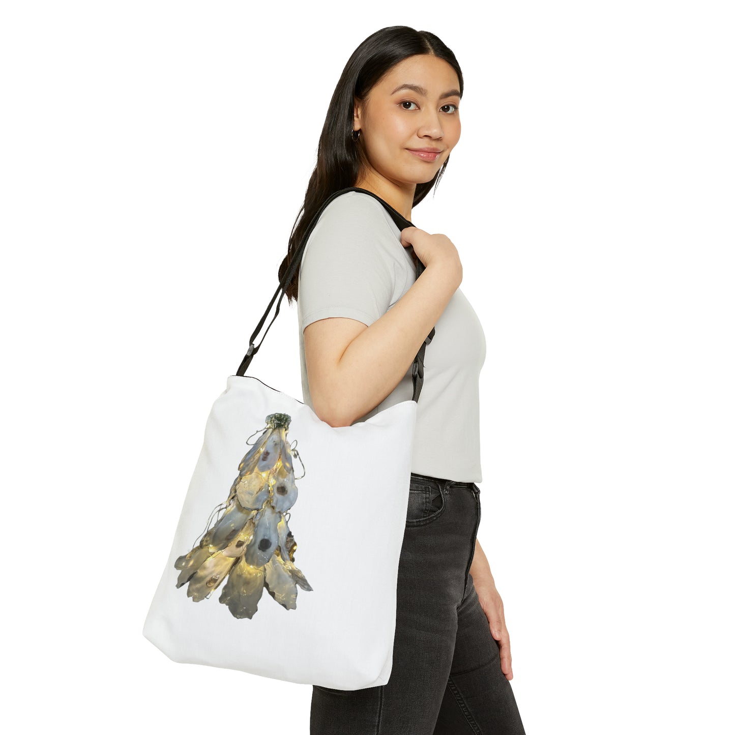 Adjustable Tote White Bag: Artisan Oyster Shell Lit Christmas Tree: Handmade Coastal Artistry for You