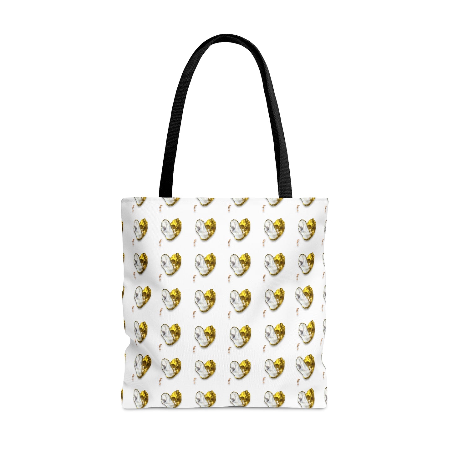 Tote Bag in 3 sizes! Oyster Shell Heart and pearls for Girl groups, Wedding parties, Church groups, Club gifts, Shopping, Beach - Gold and white heart with pearls