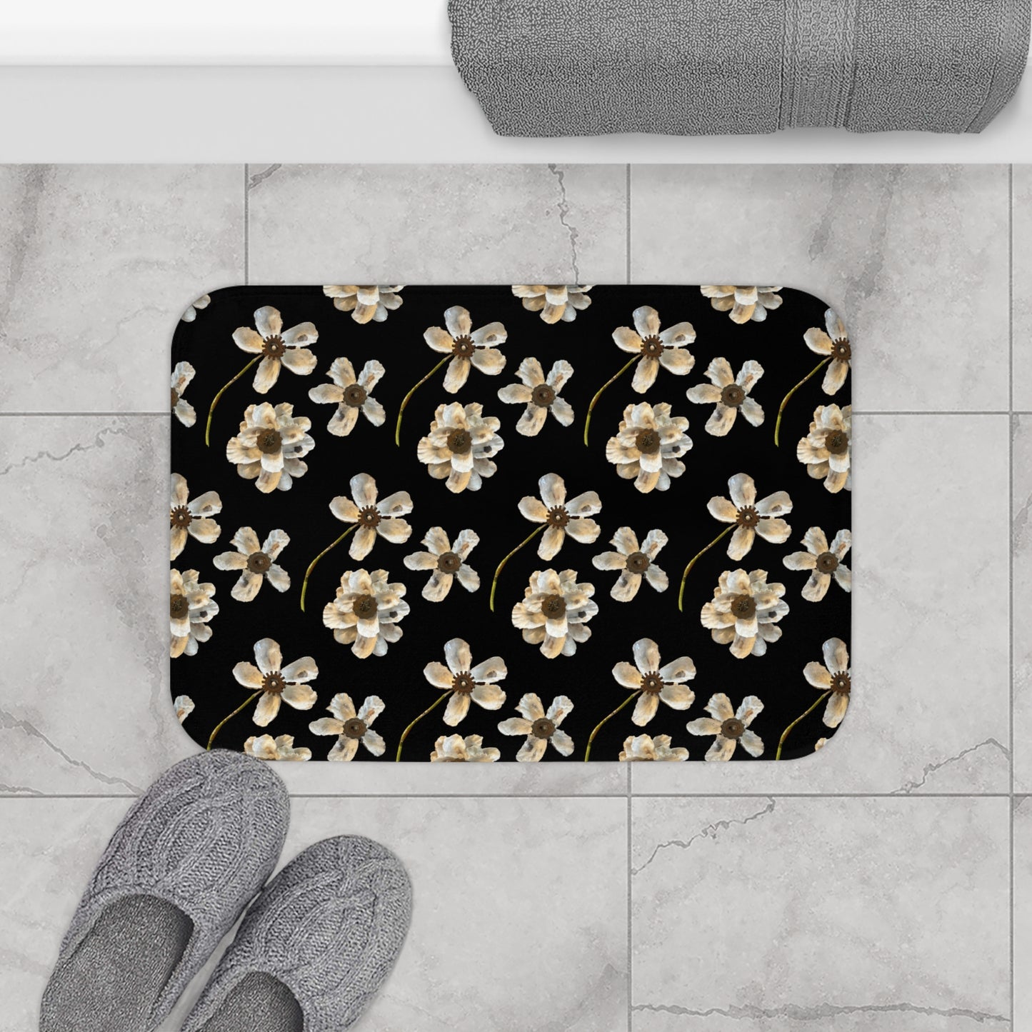 Bath Oyster shell floral and gears Art Bath Mat - Neutral Themes fit many decor styles with our sea shell and gears design on black