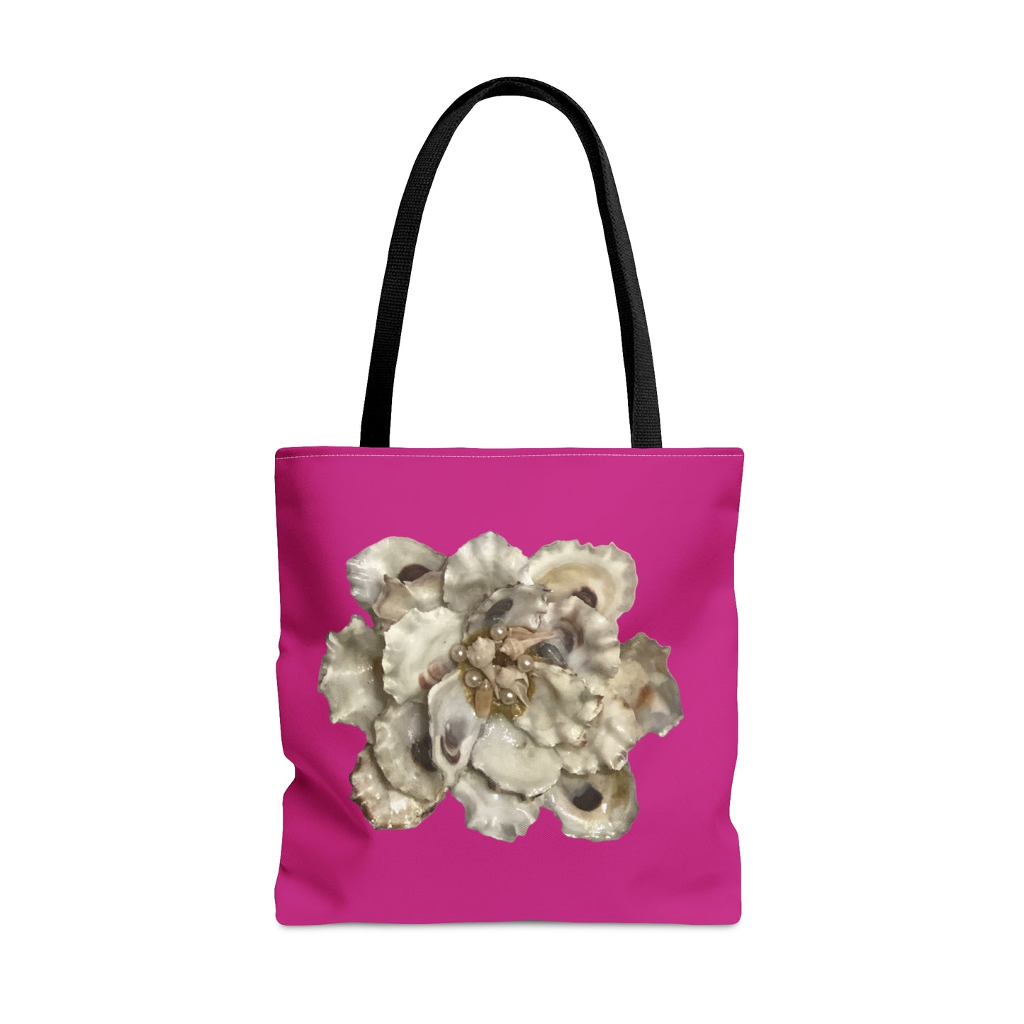 Tote Bag with Fantasy Floral Art Print replicated from a Handcrafted Piece made with Select Oyster Shells and Pearls