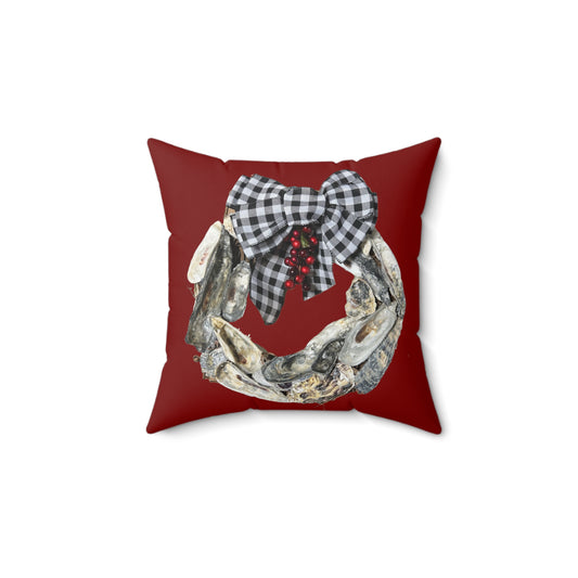 One sided print pillow, Oyster Shell Art Christmas Wreath/RED indoor pillow, holiday pillow, black and white check bow pillow