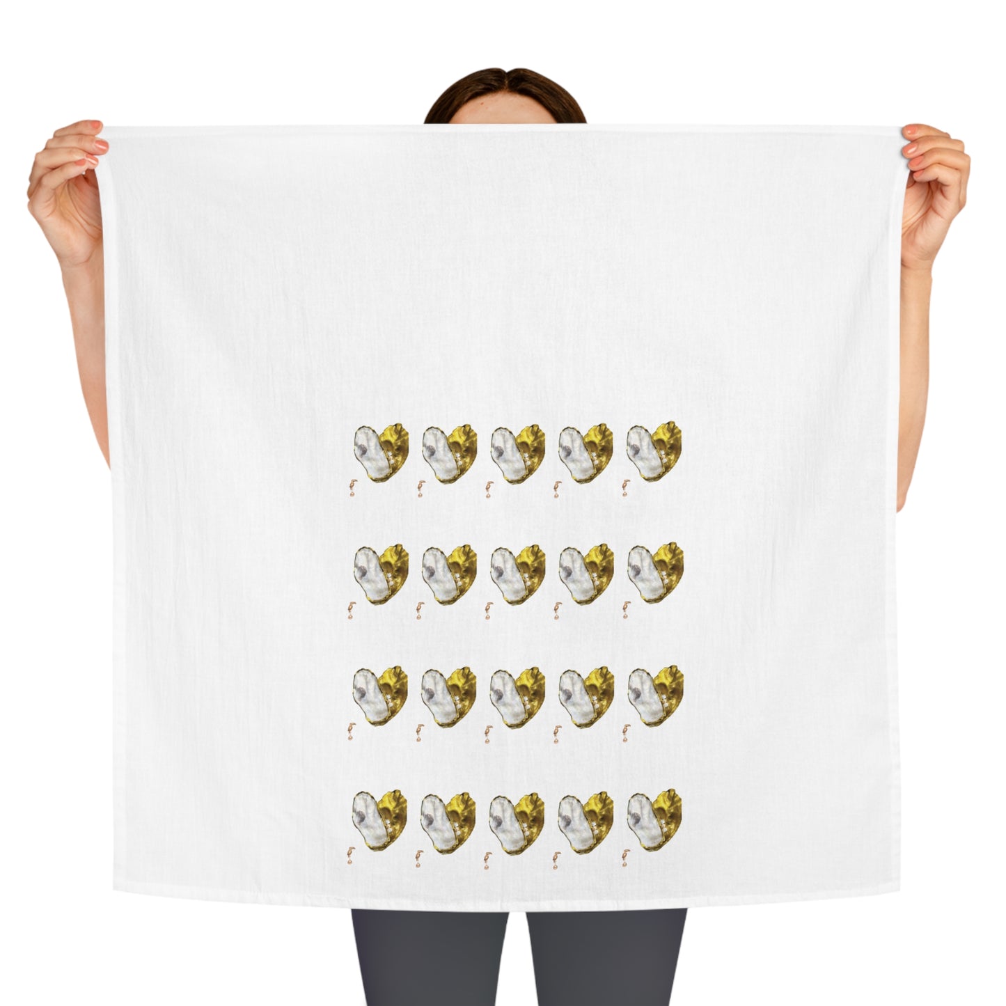 Square Napkin / Tea Towel with Large Oyster Shell 4 Rows of Hearts White and Gold Toucan Pattern Designed for a Year around Specialized Decor and Your Unique Host/Hostess Touch