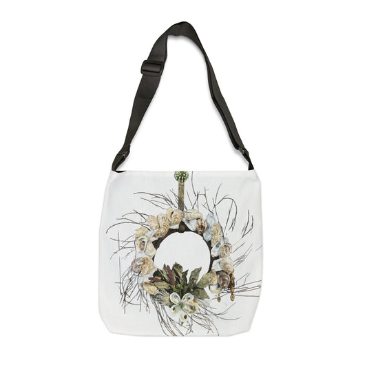 Adjustable Tote White Bag: Artisan Oyster Shell Winter Theme Wreath: Handmade Coastal Artistry for You