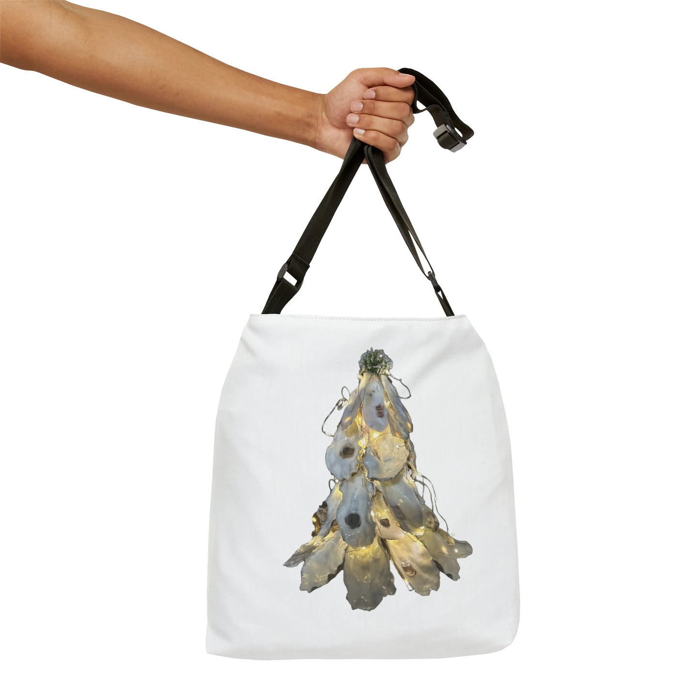 Adjustable Tote White Bag: Artisan Oyster Shell Lit Christmas Tree: Handmade Coastal Artistry for You