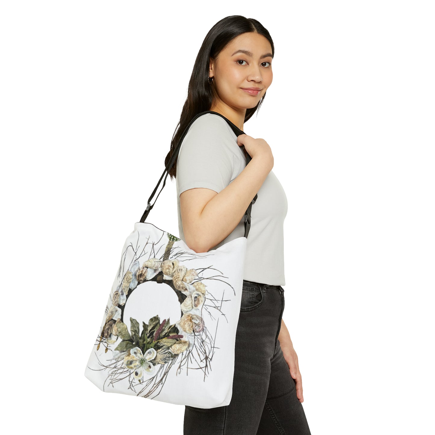 Adjustable Tote White Bag: Artisan Oyster Shell Winter Theme Wreath: Handmade Coastal Artistry for You