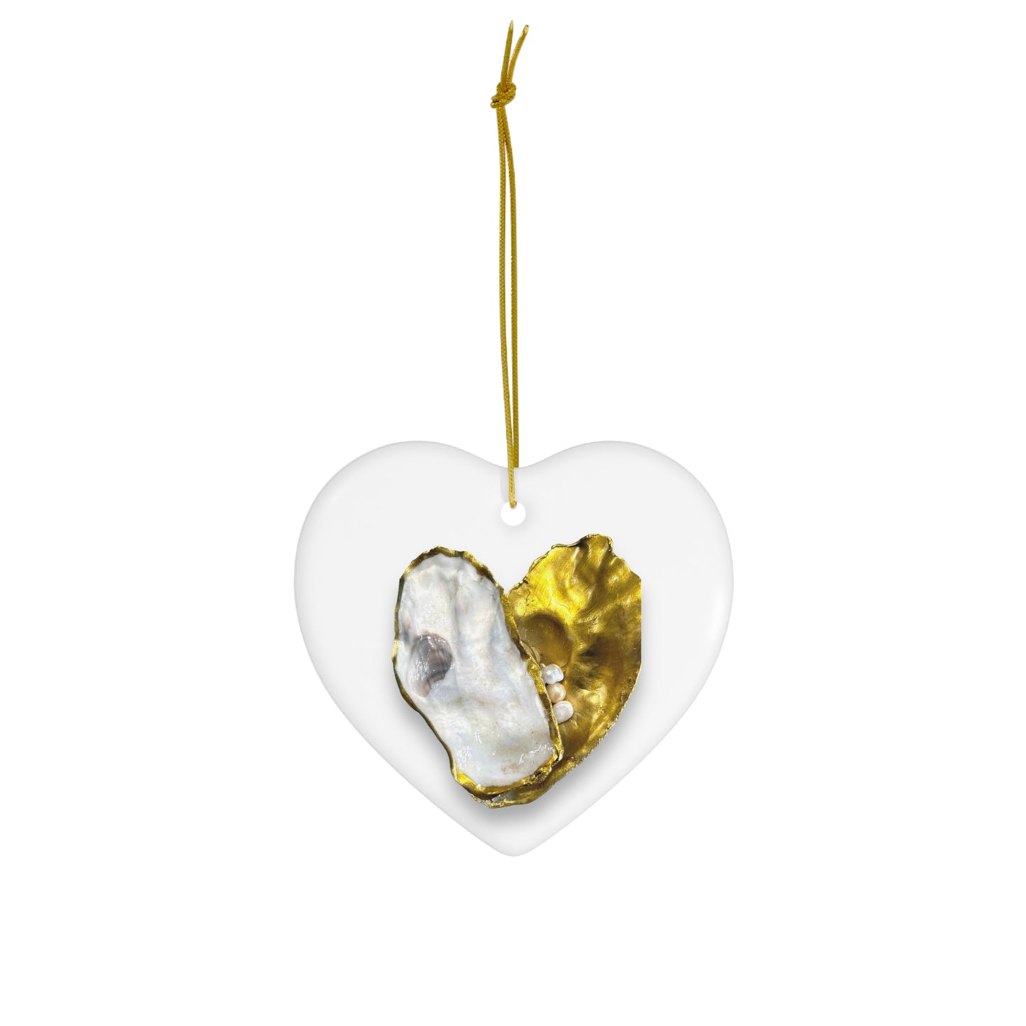 Oyster Shells and Pearls gold/white heart Ceramic Ornament, 4 Shapes