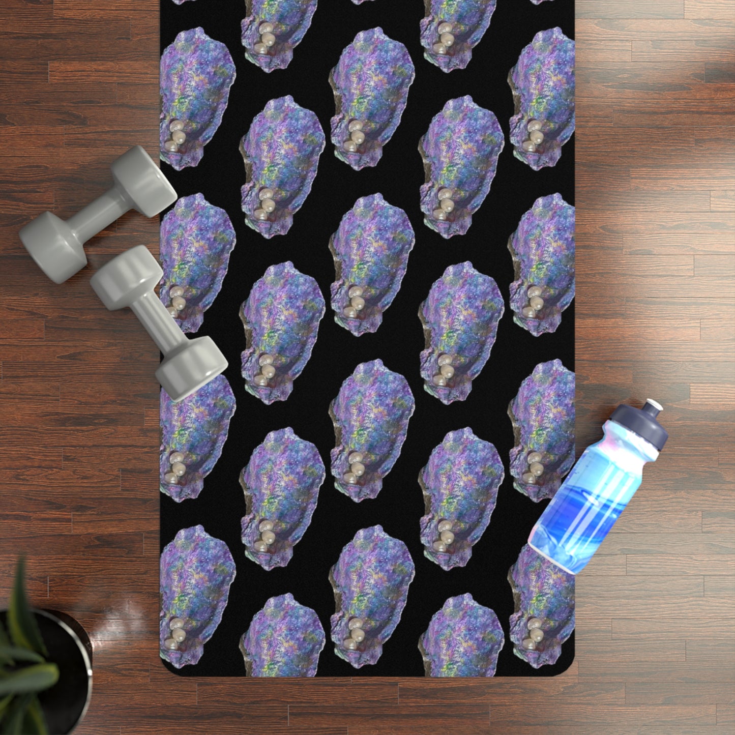 Rubber Yoga Mat 70's style shades of purple oysters with pearls