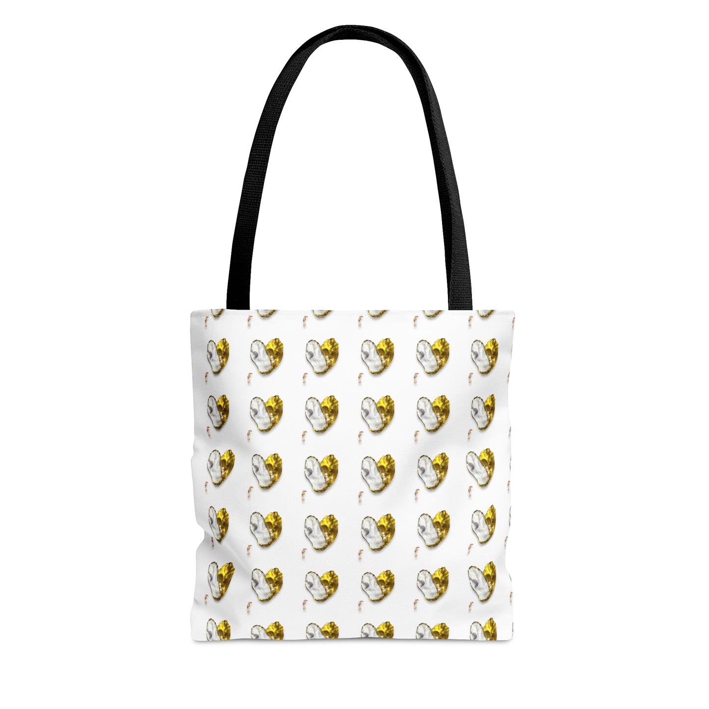 Tote Bag in 3 sizes! Oyster Shell Heart and pearls for Girl groups, Wedding parties, Church groups, Club gifts, Shopping, Beach - Gold and white heart with pearls