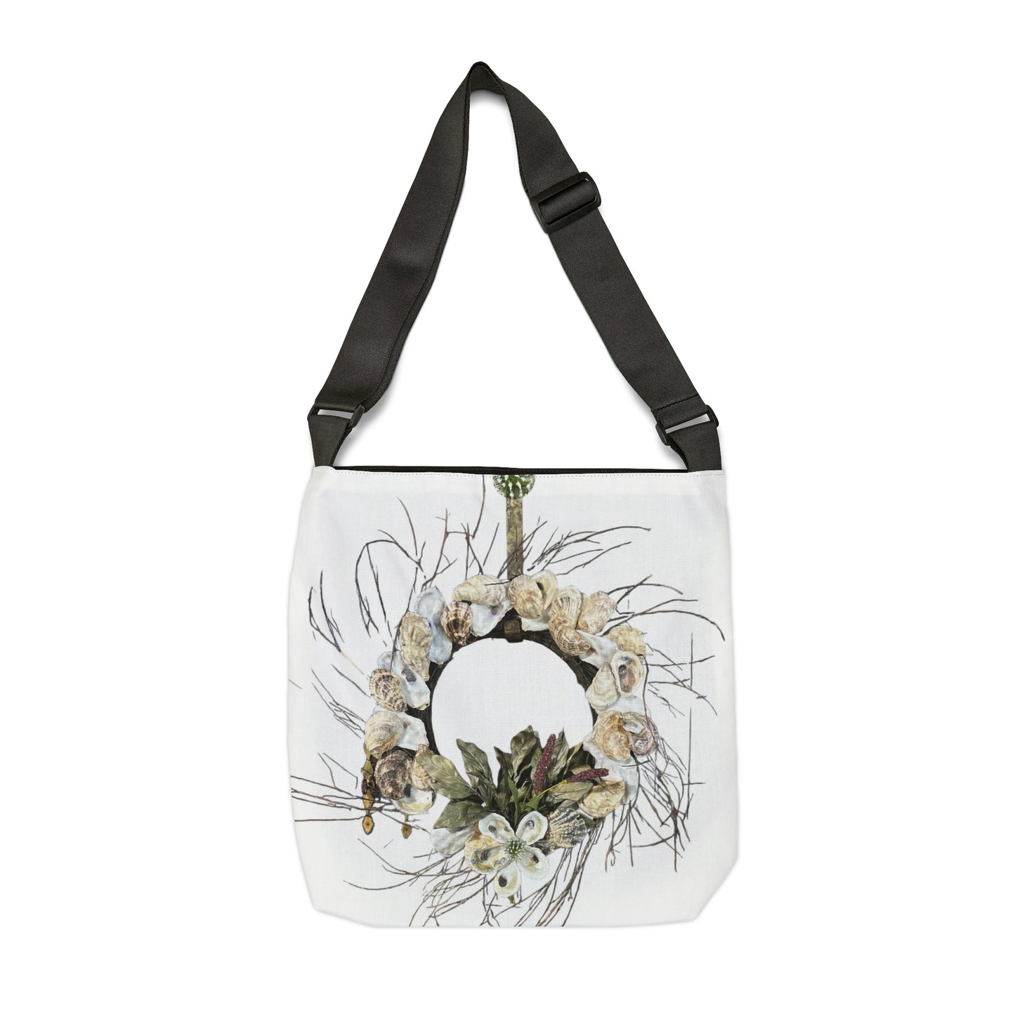 Adjustable Tote White Bag: Artisan Oyster Shell Winter Theme Wreath: Handmade Coastal Artistry for You