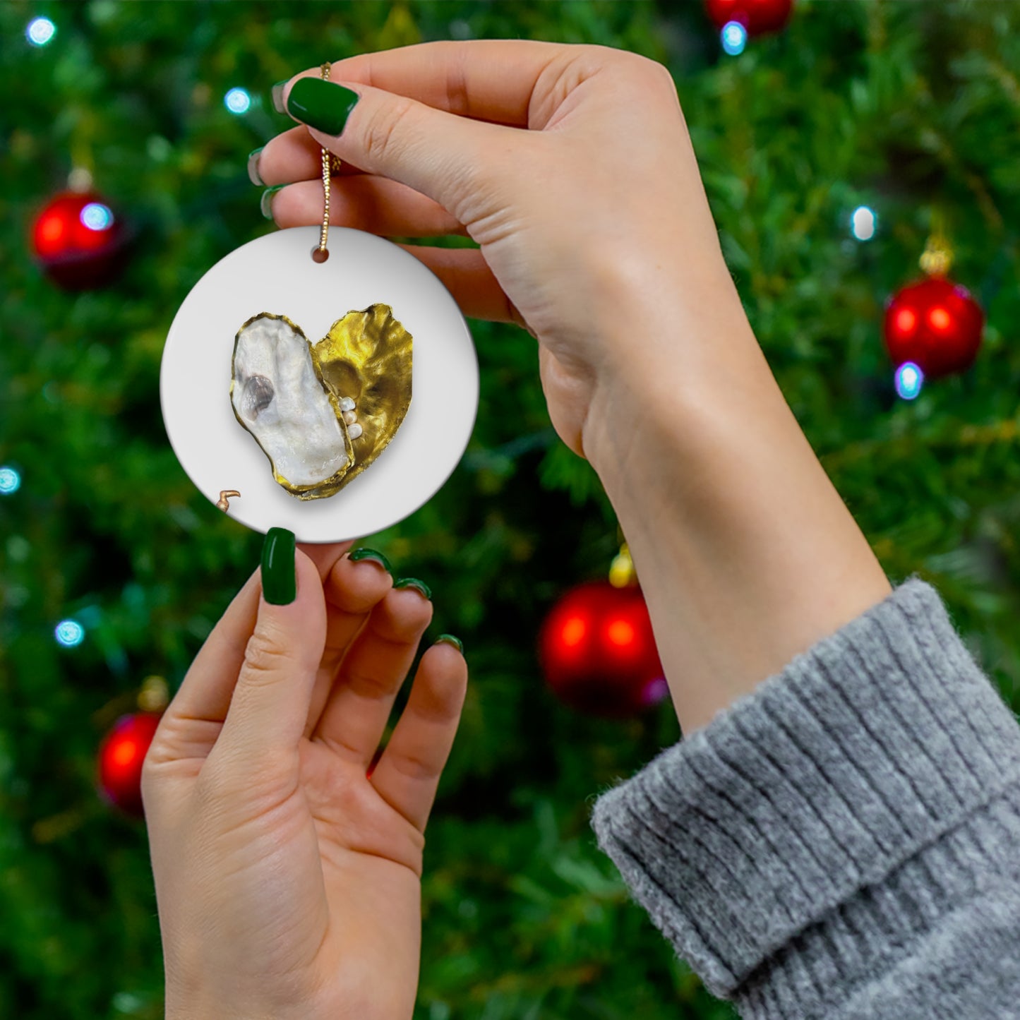 Oyster Shells and Pearls gold/white heart Ceramic Ornament, 4 Shapes