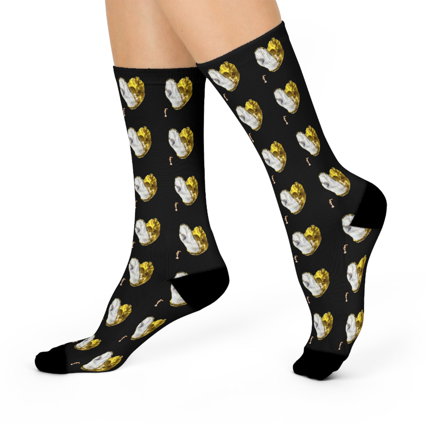 Half Hearted Gold black socks, Mix and match collection, Extra Cushioned Crew Socks with Novelty Seashell figures, ocean theme, sea life inspired, socks for women, socks for men, girly girls