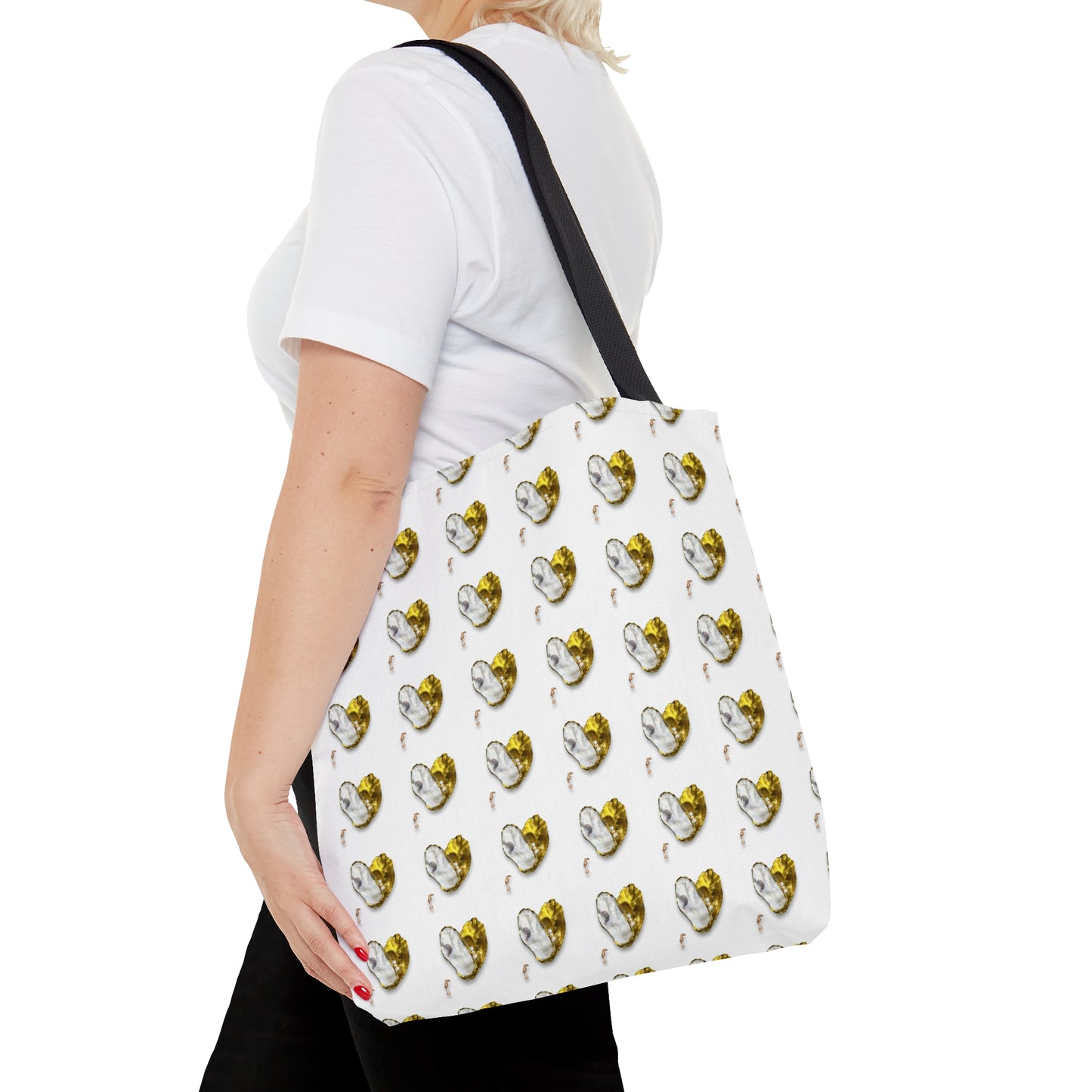 Tote Bag in 3 sizes! Oyster Shell Heart and pearls for Girl groups, Wedding parties, Church groups, Club gifts, Shopping, Beach - Gold and white heart with pearls