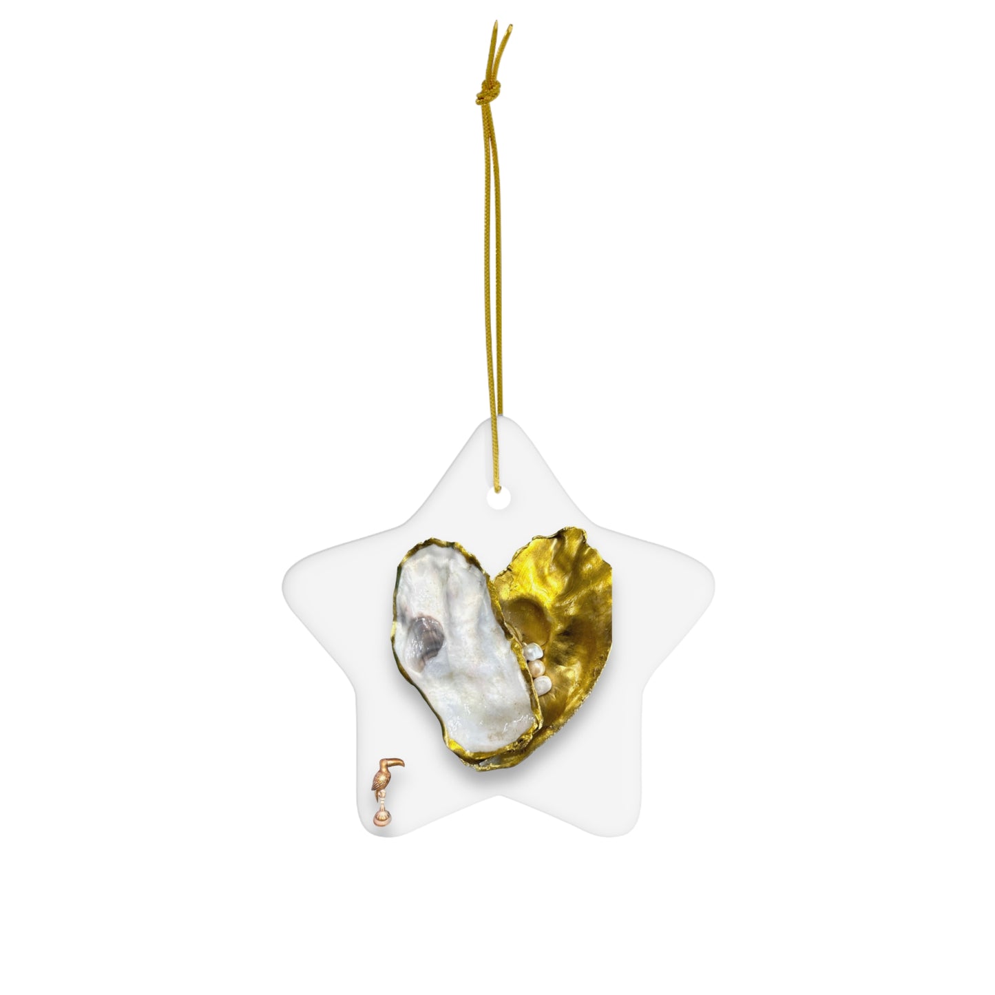 Oyster Shells and Pearls gold/white heart Ceramic Ornament, 4 Shapes