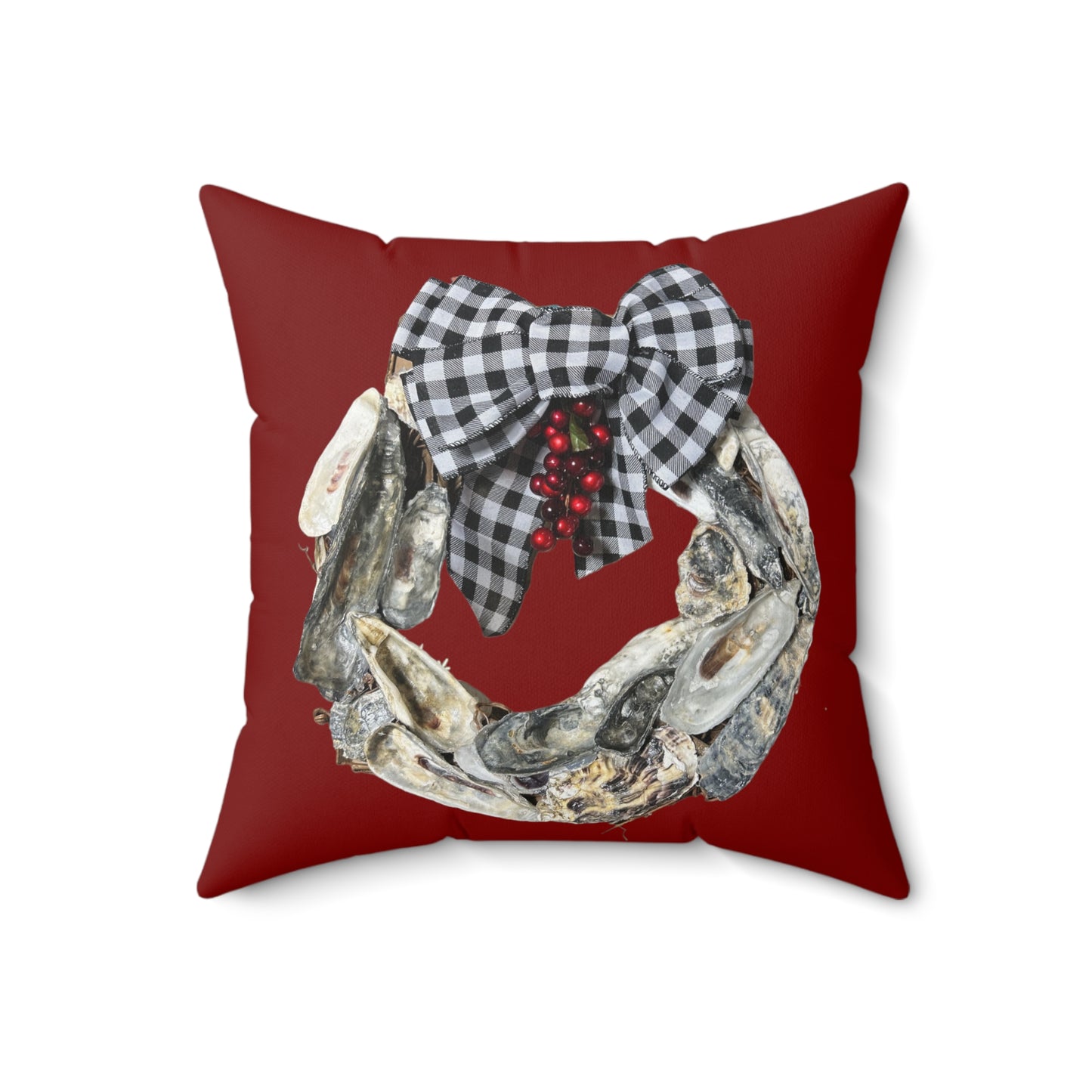 One sided print pillow, Oyster Shell Art Christmas Wreath/RED indoor pillow, holiday pillow, black and white check bow pillow