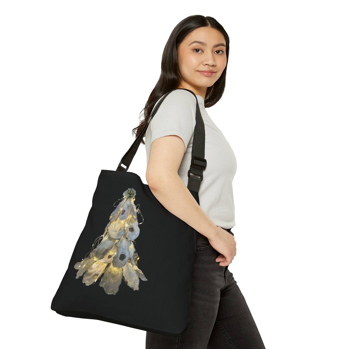 Adjustable Tote Black Tote Bag: Artisan Oyster Shell Lit Christmas Tree: Handmade Coastal Artistry for You