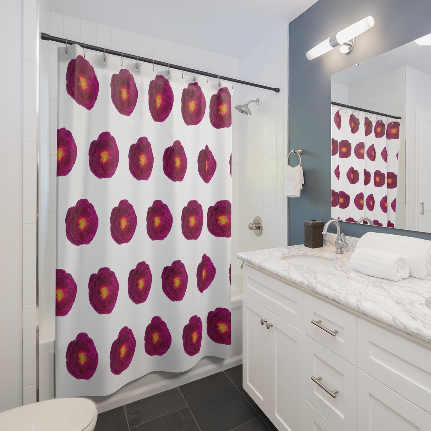 Elegant Magenta Rose and Black Shower Curtains: Infuse Nature's Beauty into Your Bathroom