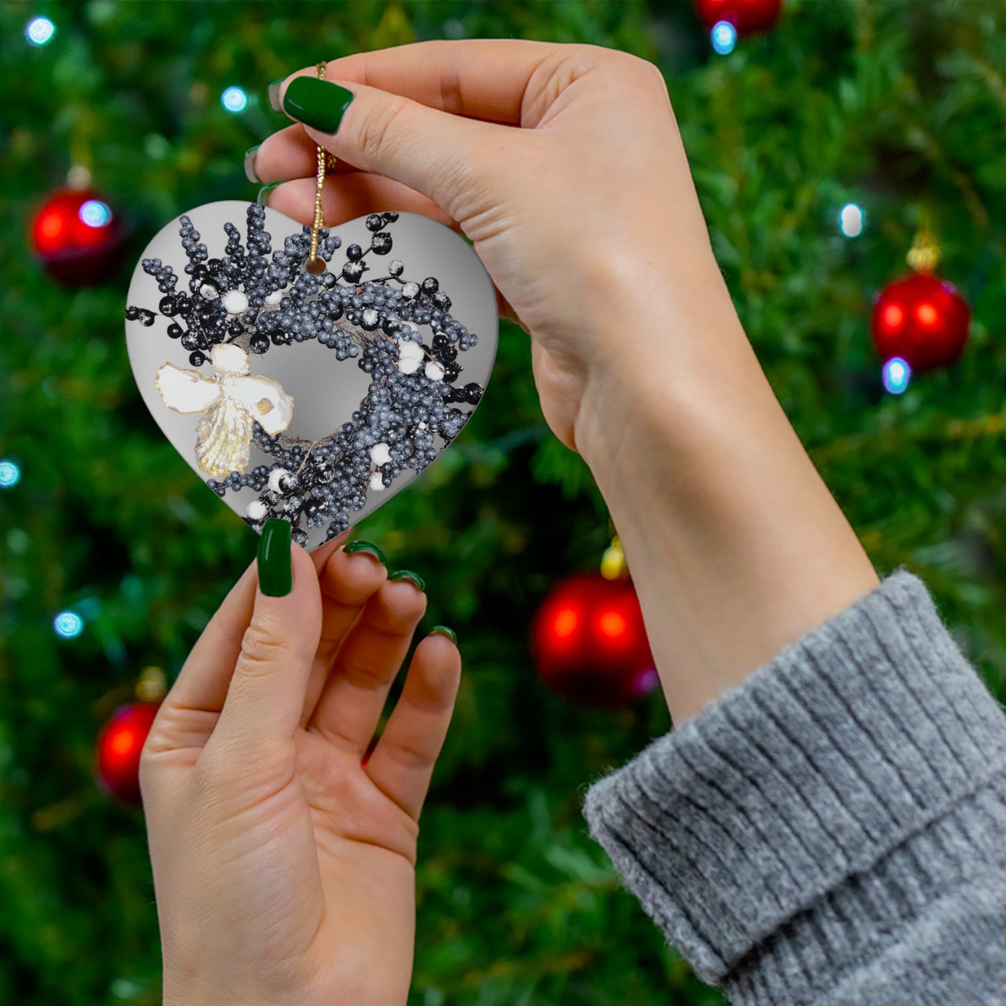 Oyster Shell Angel & Berries Wreath Ceramic Ornament, 4 Shapes