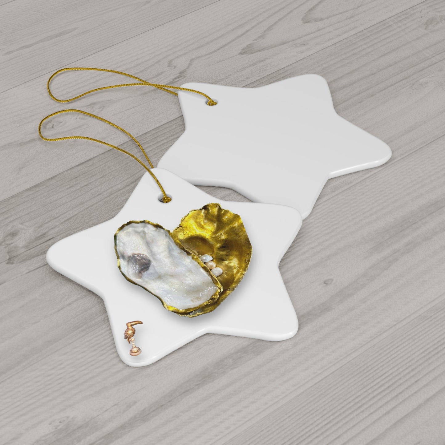 Oyster Shells and Pearls gold/white heart Ceramic Ornament, 4 Shapes