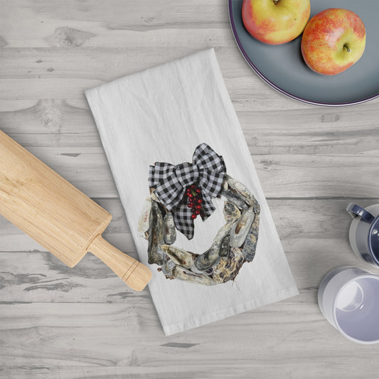 Square Napkin / Tea Towel with Lg Oyster Shell Wreath in Black and White Bow Design for Specialized Coastal Decor and Your Unique Host/Hostess Touch