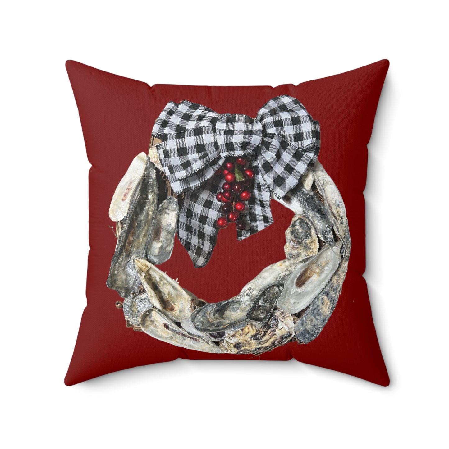 One sided print pillow, Oyster Shell Art Christmas Wreath/RED indoor pillow, holiday pillow, black and white check bow pillow