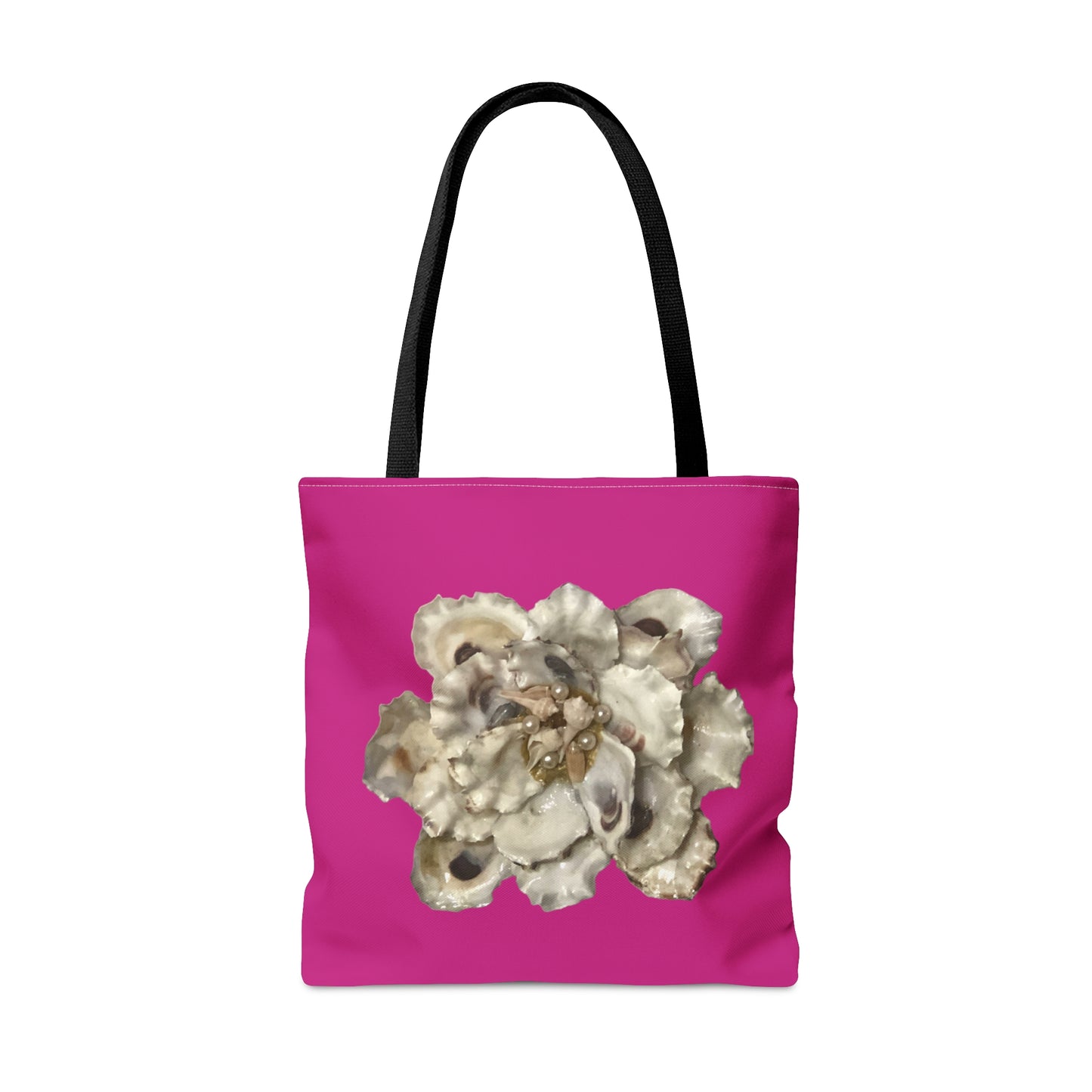 Tote Bag with Fantasy Floral Art Print replicated from a Handcrafted Piece made with Select Oyster Shells and Pearls