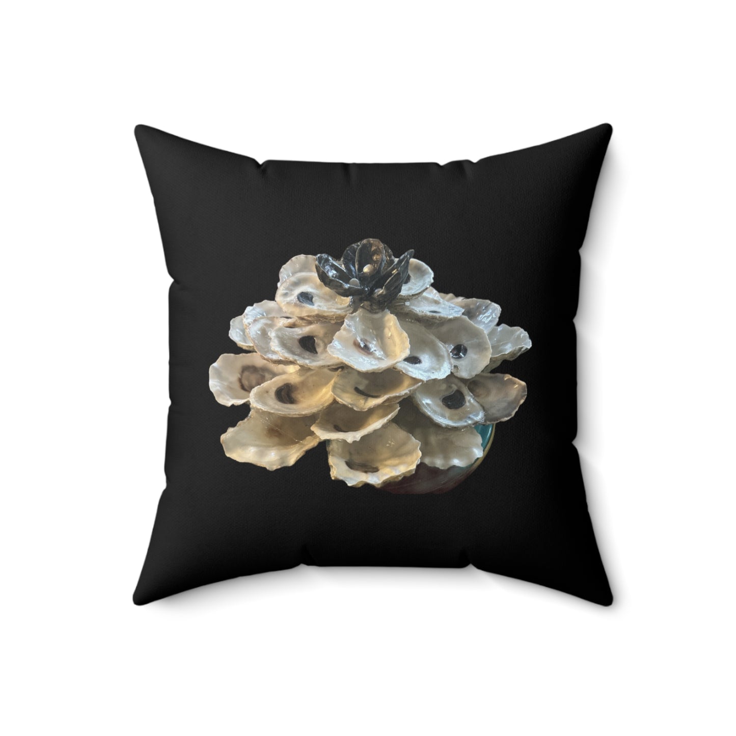 Winter Holiday Square black pillows featuring two printed sides: Stacked Oyster Shell Blossom / Oyster Shell Christmas TreeDesigns