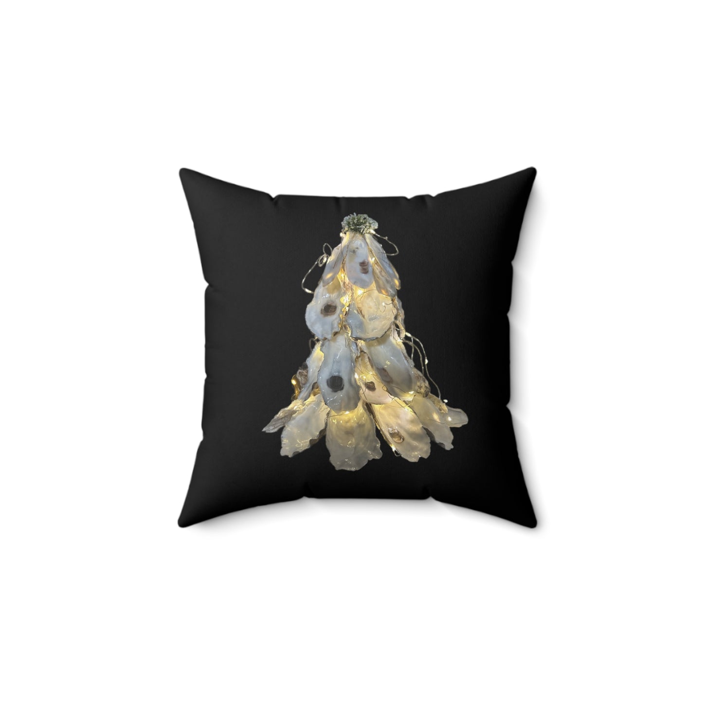 Winter Holiday Square black pillows featuring two printed sides: Stacked Oyster Shell Blossom / Oyster Shell Christmas TreeDesigns