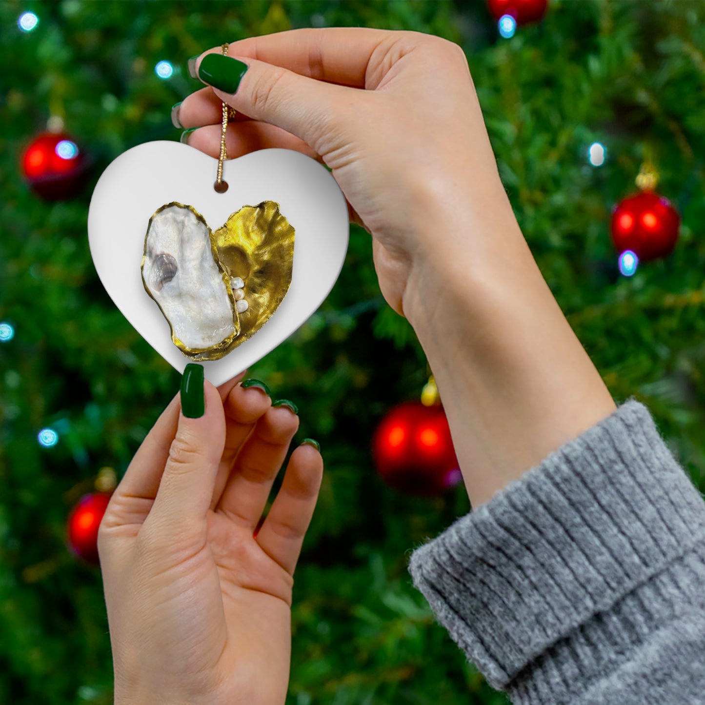 Oyster Shells and Pearls gold/white heart Ceramic Ornament, 4 Shapes