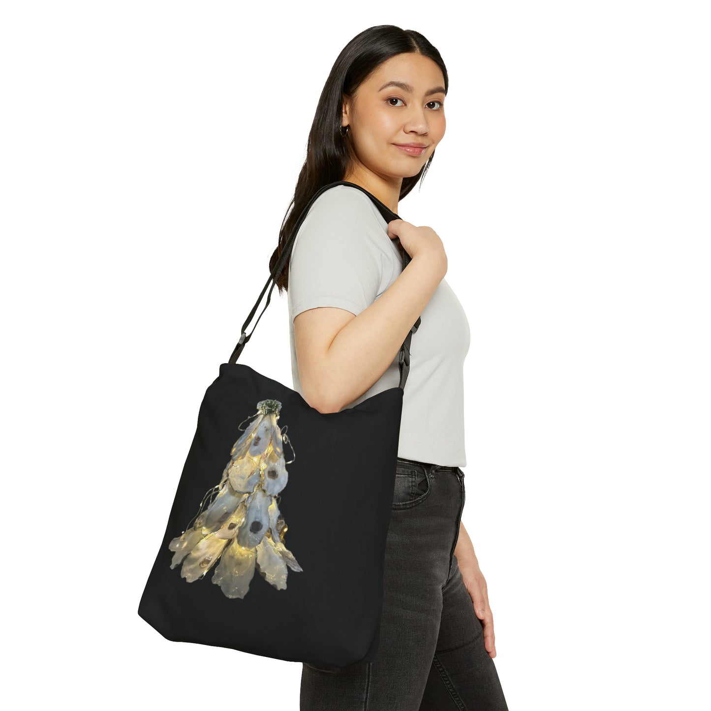 Adjustable Tote Black Tote Bag: Artisan Oyster Shell Lit Christmas Tree: Handmade Coastal Artistry for You