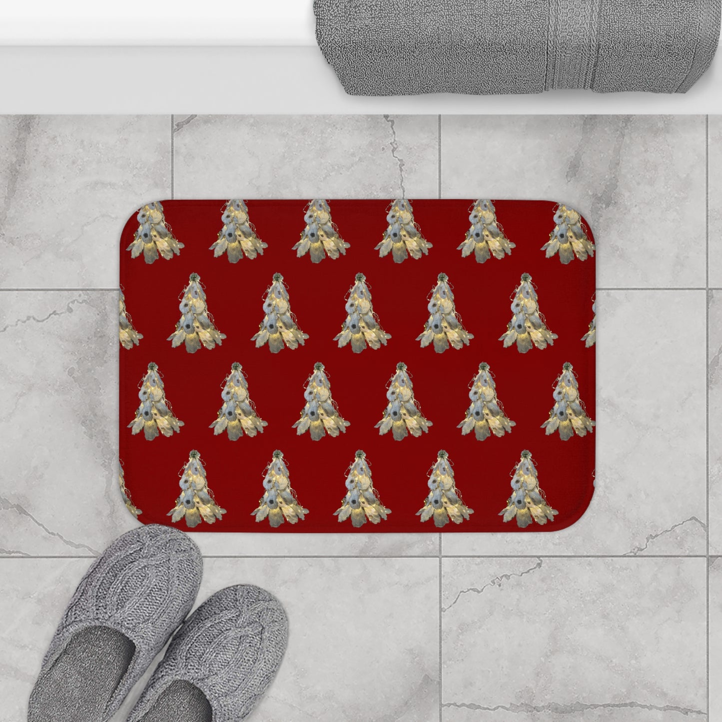 Bath Mat Oyster Shell  Art Bath Mat -  Christmas themes fit many decor styles with our deep red and neutral sea shell tree